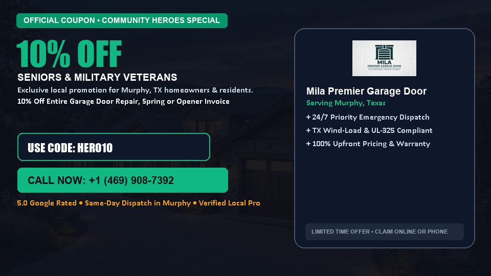 Mila Premier Garage Door 10% OFF Seniors & Military Veterans in Murphy, TX